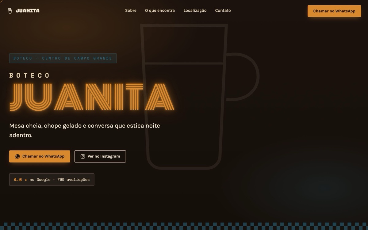 Hero do site do Boteco Juanita: noite de bar com wordmark JUANITA em letreiro neon âmbar e copo de chope desenhado ao fundo