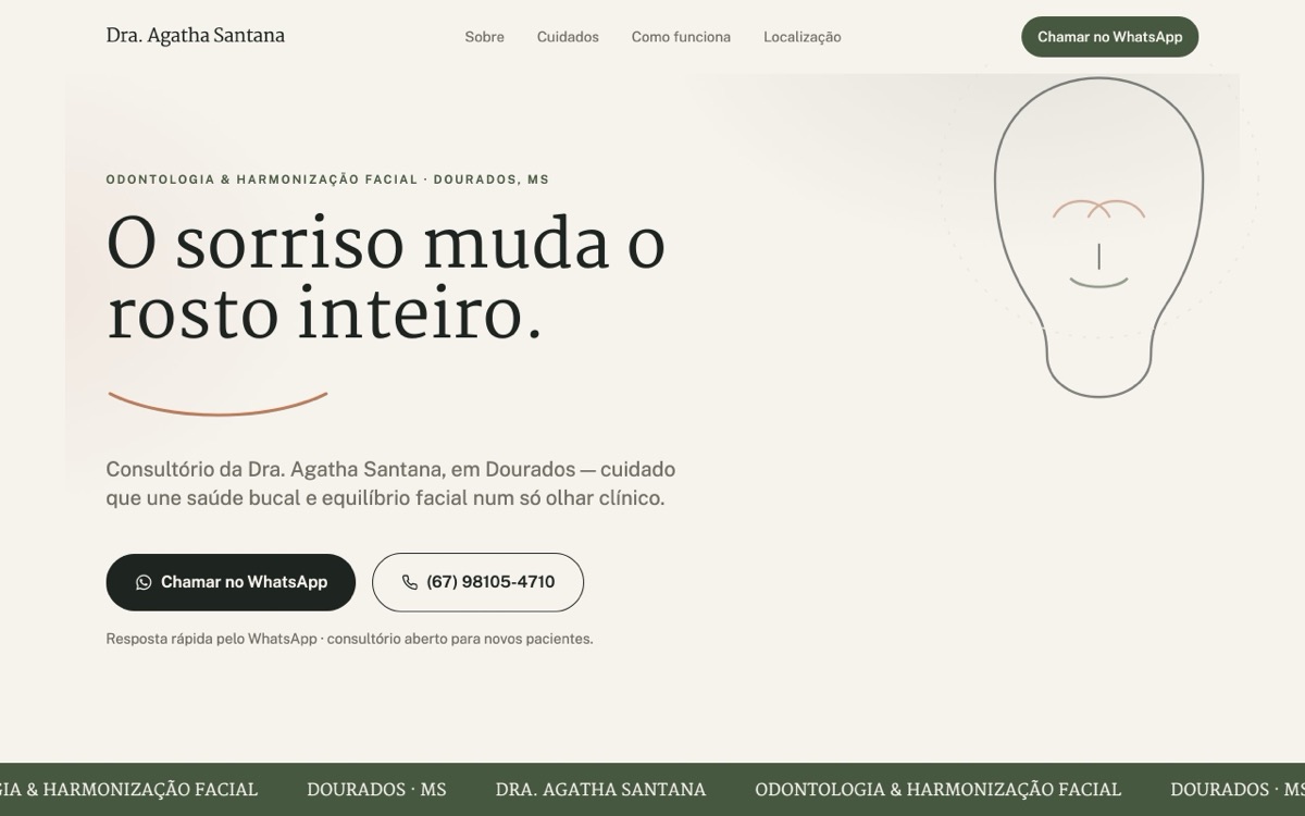 Hero do site da Dra. Agatha Santana: porcelana clara, título serifado sobre o sorriso e rosto em traço contínuo à direita
