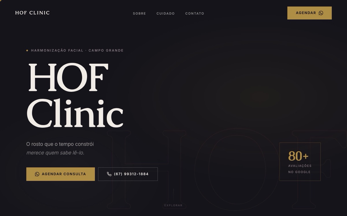 Hero do site da HOF Clinic: fundo obsidiana com wordmark serifado em alabastro e detalhes em folha de ouro