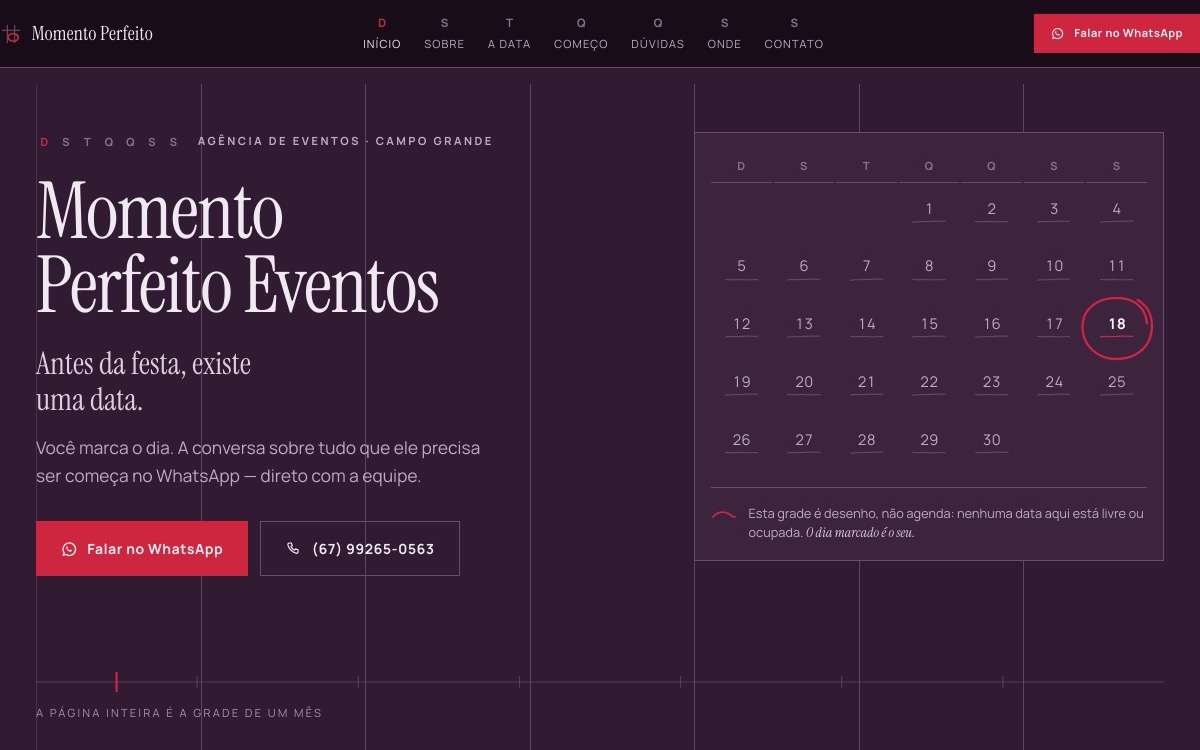 Hero do site da Momento Perfeito Eventos: fundo ameixa escuro, nome em serifa fina clara e calendário do mês com o dia 18 circulado em carmim